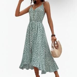 Brovave Women's Midi Sundress S Green Floral Print Blouson Button Front High Low